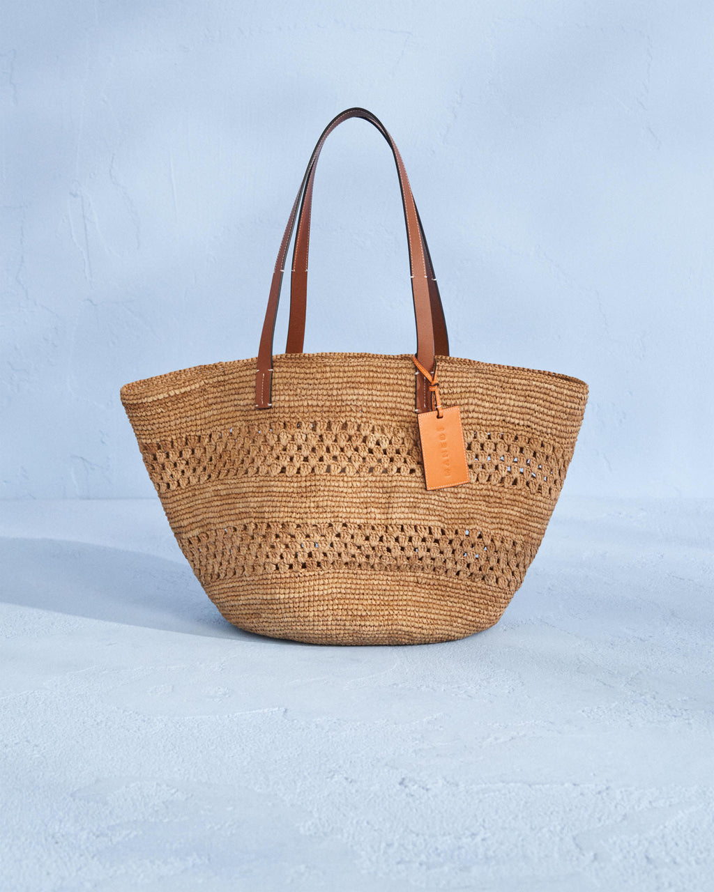 Raffia & Brown Leather Basket Bag Weaving - Tan