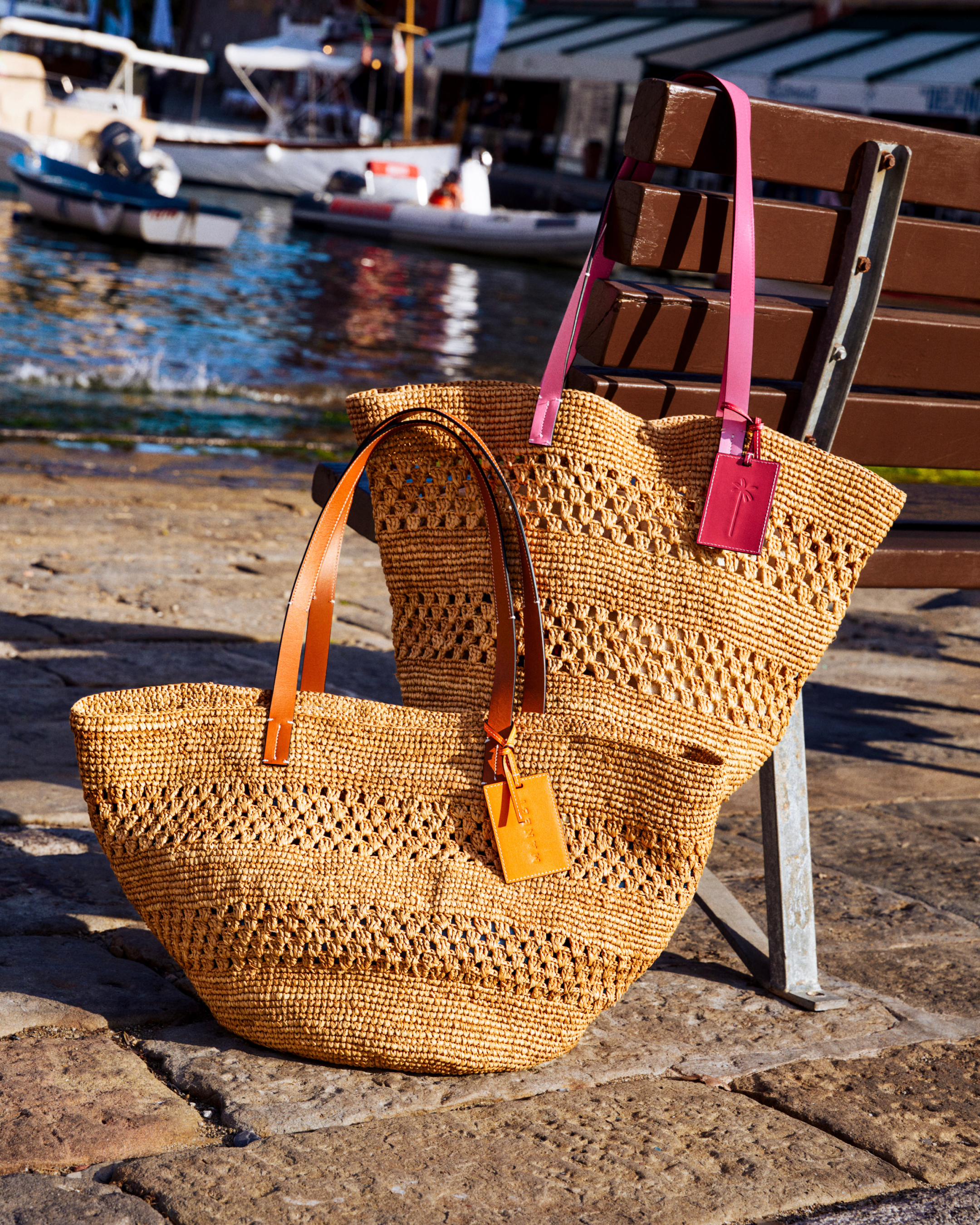 Raffia & Brown Leather Basket Bag Weaving - Orange Leather Tag - Tan