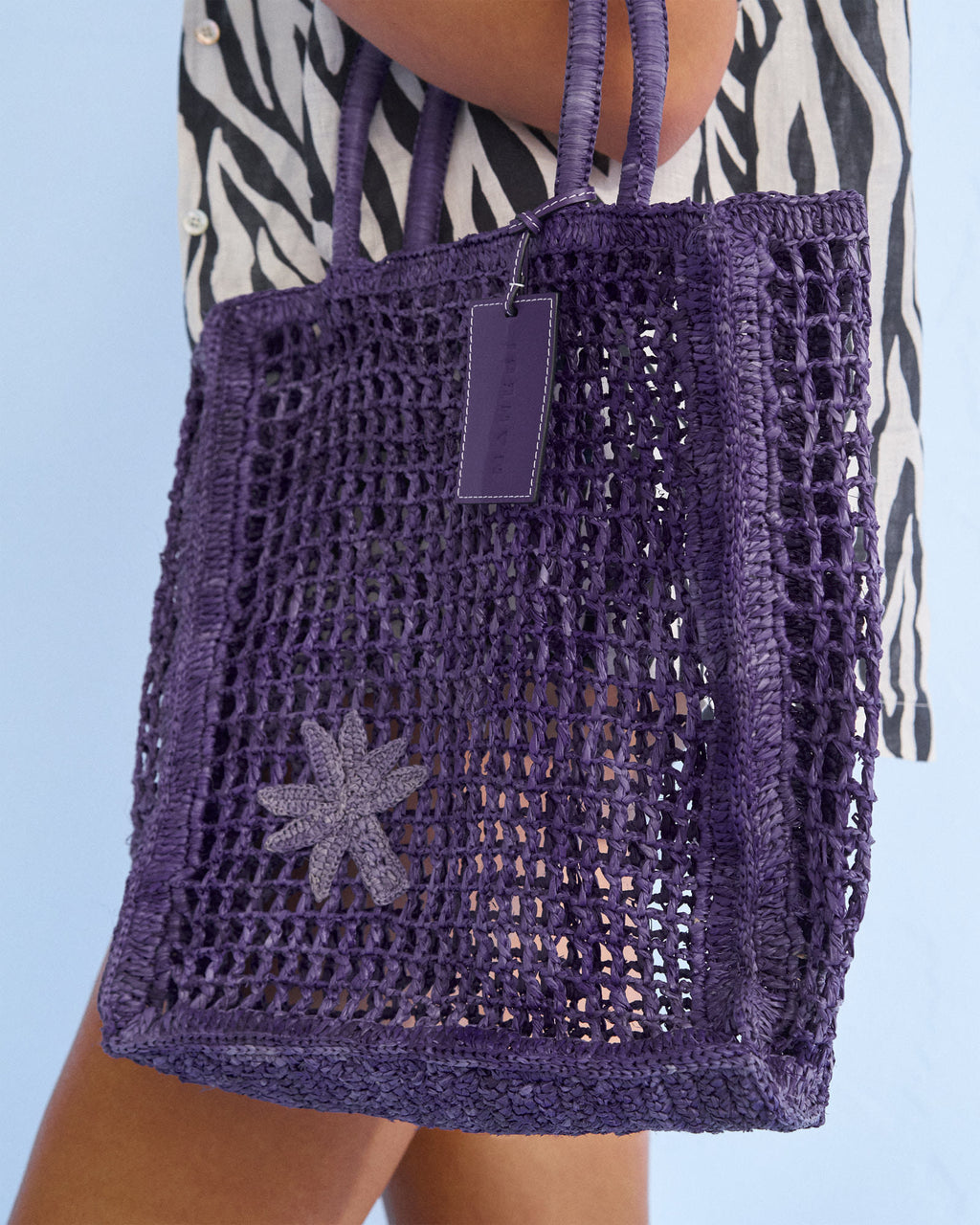 Raffia Net Bag - Purple Leather Tag - Summer Purple with Palm