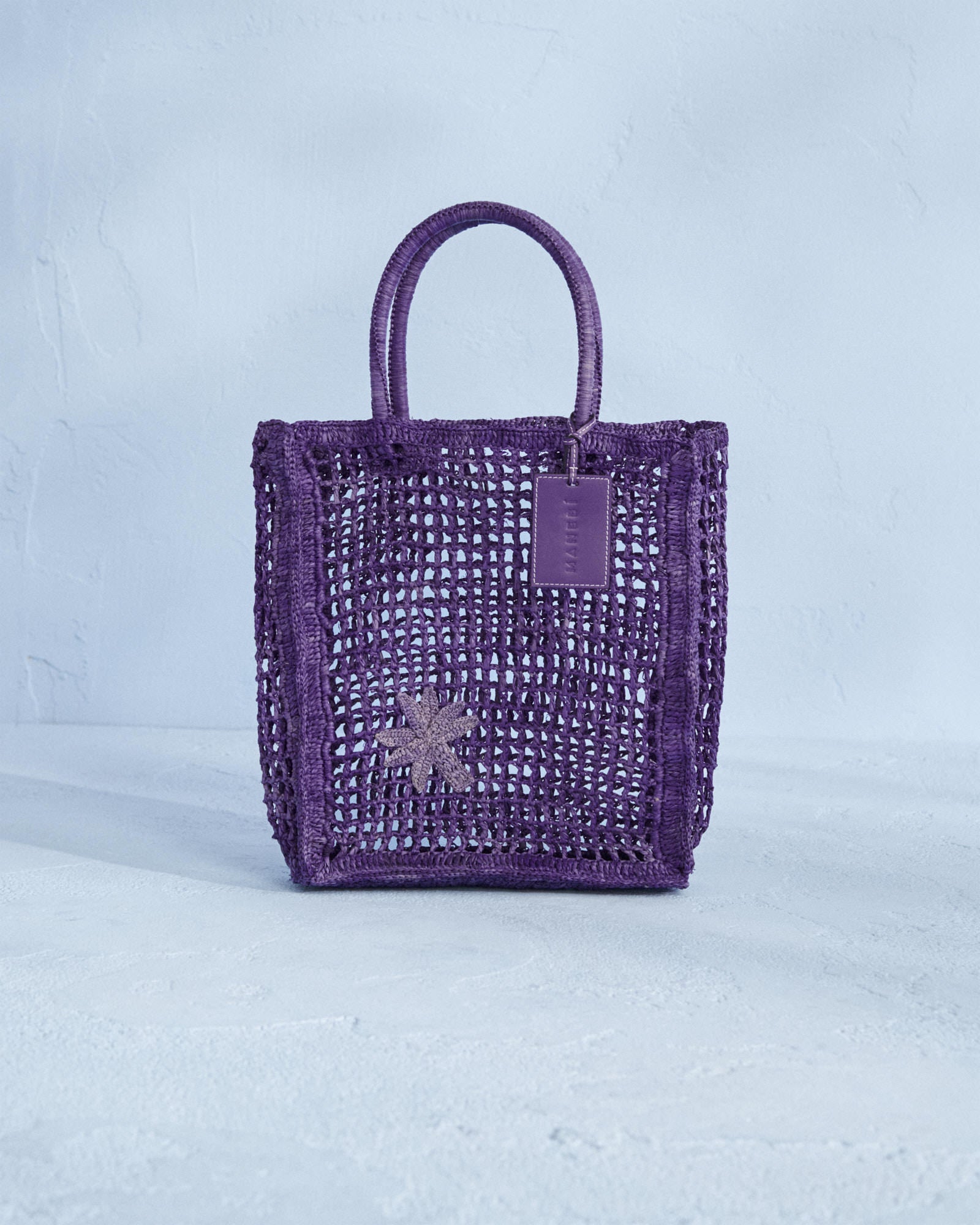Raffia Net Bag - Purple Leather Tag - Summer Purple with Palm