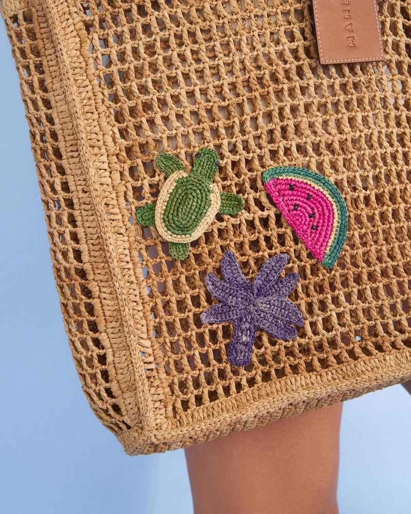 Raffia Net Bag - Natural Leather Tag - Tan with Turtle Watermelon and Palm