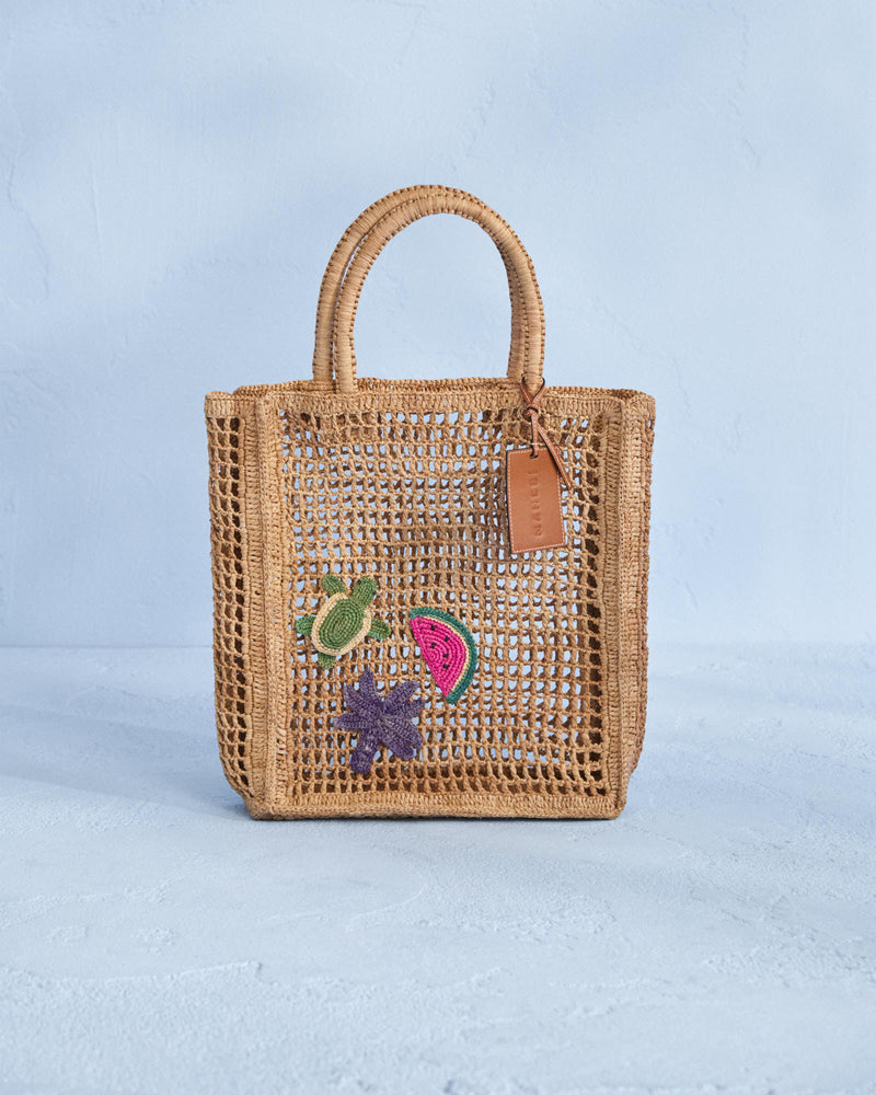 Raffia Net Bag - Natural Leather Tag - Tan with Turtle Watermelon and Palm