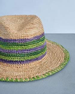 Raffia Panama Hat - Striped - Tan Summer Purple and Vitamin Green Mix
