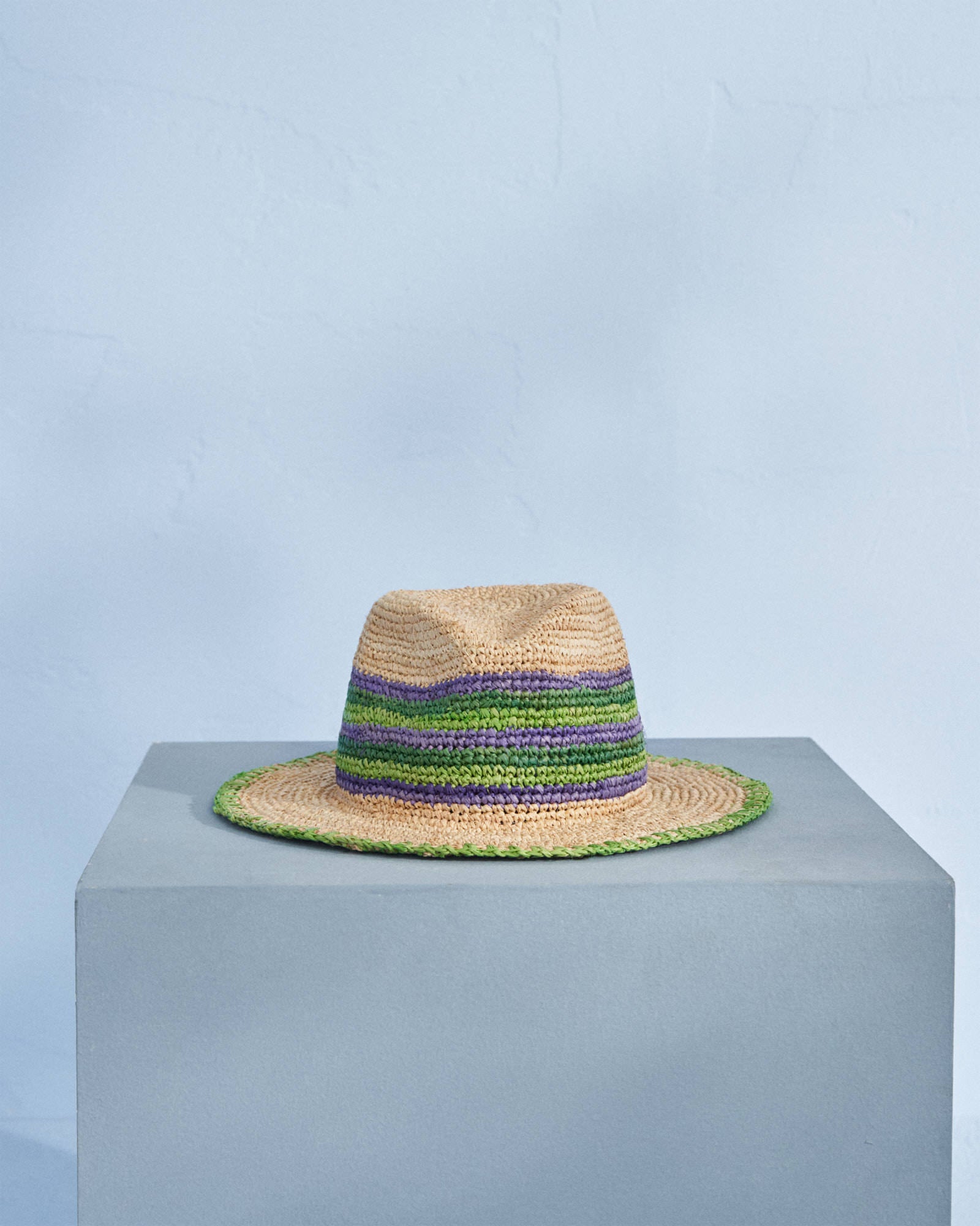 Raffia Panama Hat - Striped - Tan Summer Purple and Vitamin Green Mix