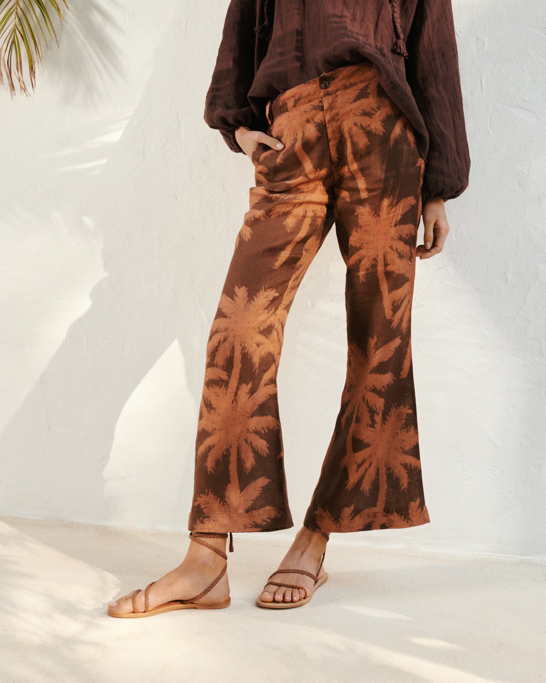 Manebí Printed Linen|Salamanca Trousers - Cocoa \u0026 Orange Rust Maxi Palm