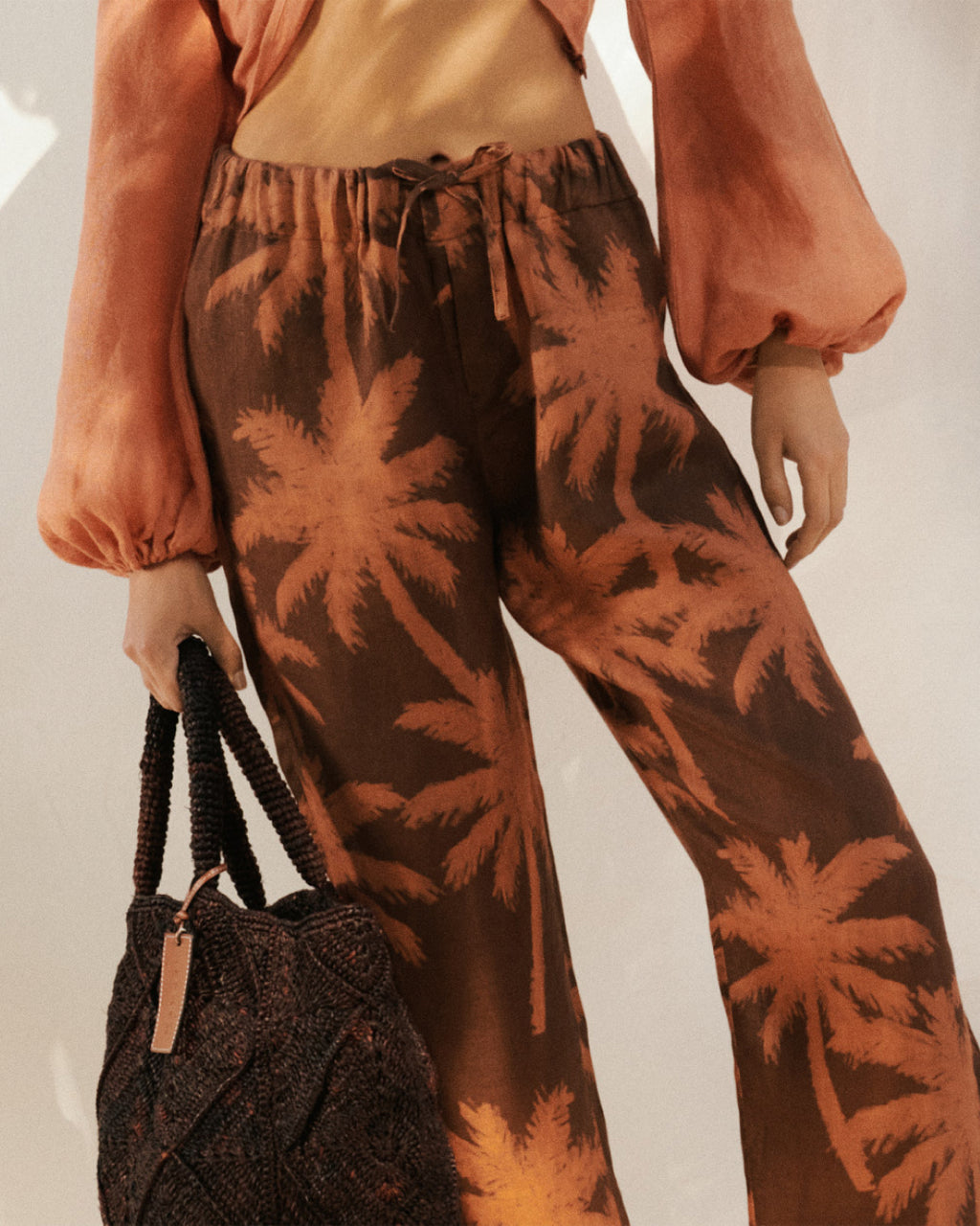 Printed Linen Belem Trousers - Cocoa And Orange Rust Maxi Palm