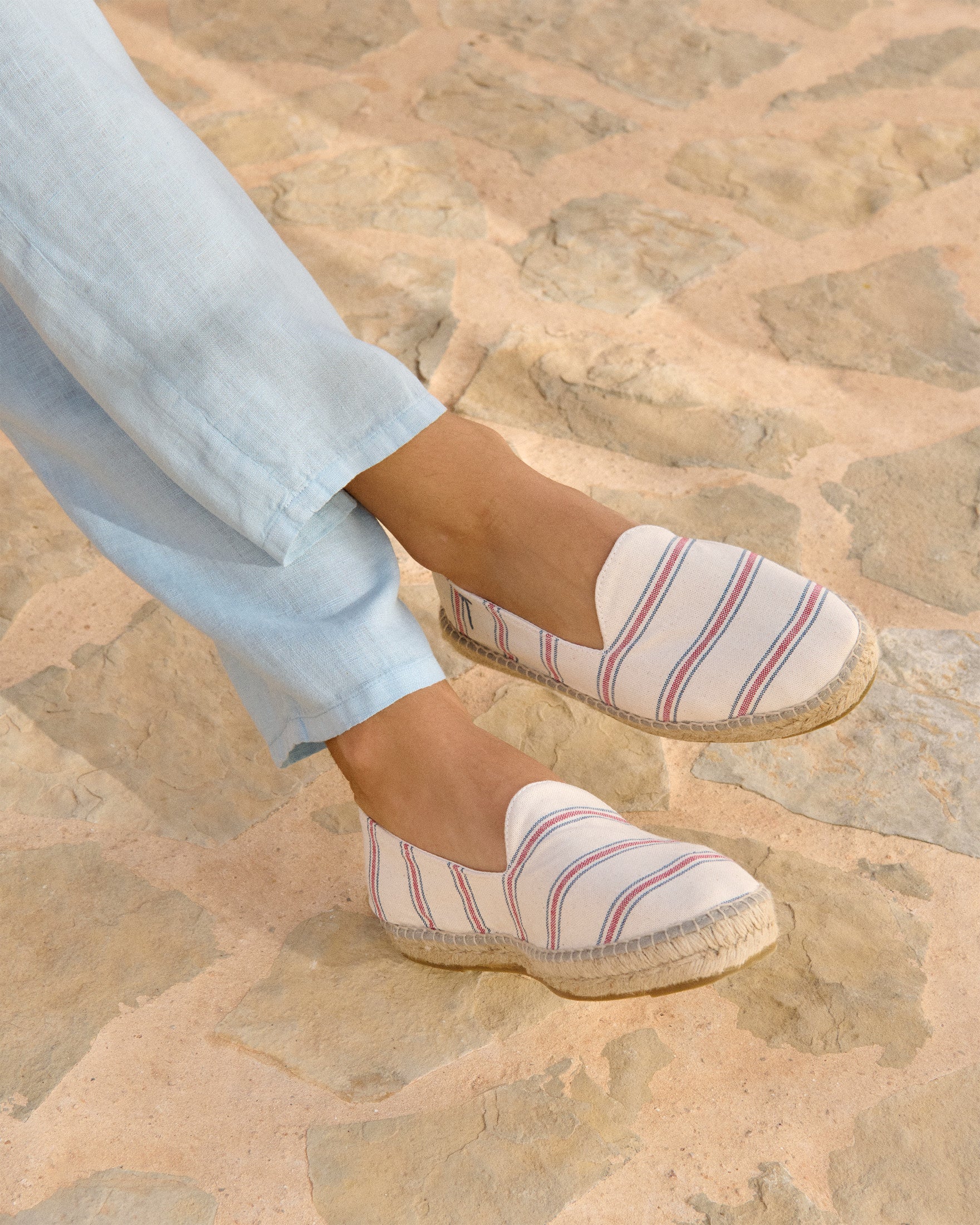 Manebí Recycled Cotton Canvas Espadrilles - Red \u0026 Navy Blue Micro Stripes On Beige