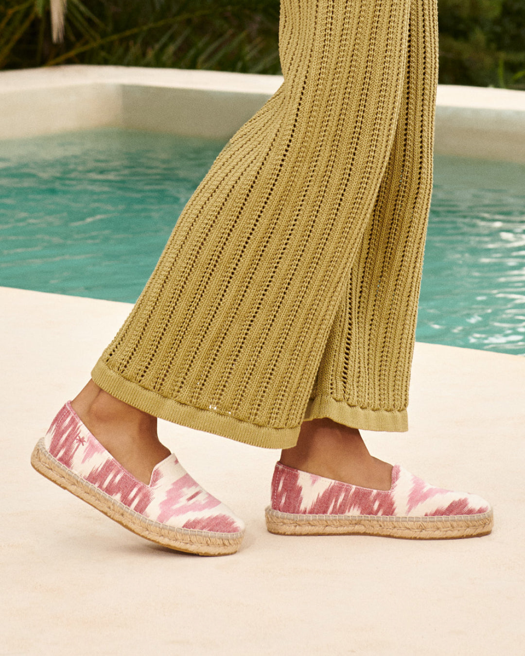 Dyed Cotton Flat Espadrilles - Tulum Pink And White Ikat