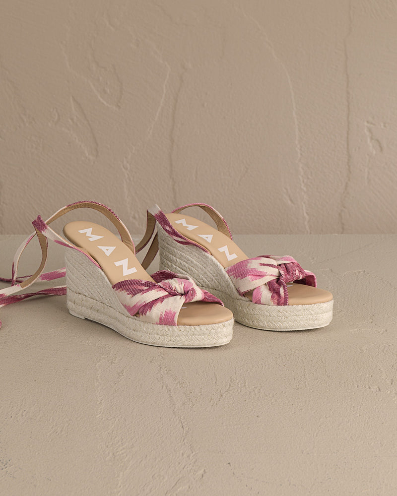 Dyed Cotton Wedge Espadrilles|With Knot - Tulum Pink And White Ikat