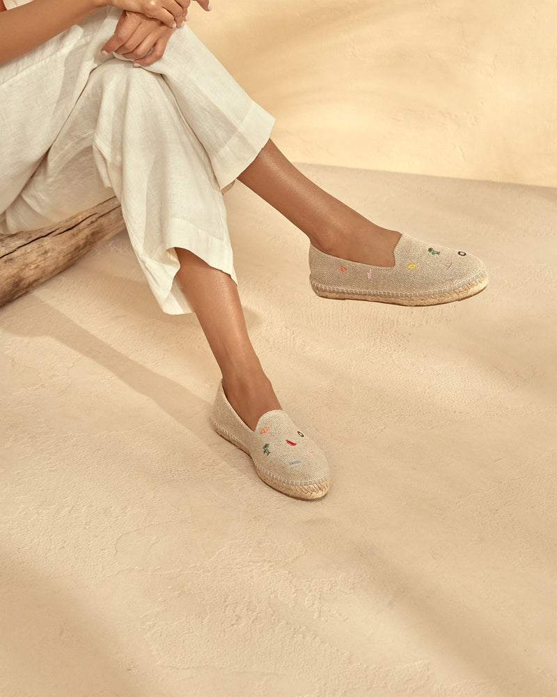 Organic Hemp With Embroidery Flat Espadrilles - Palm Springs - Natural & Multicolor Summer Stickers
