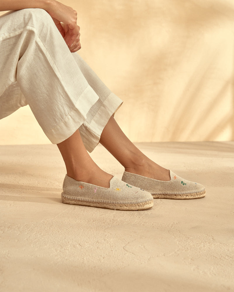 Organic Hemp With Embroidery Flat Espadrilles - Palm Springs - Natural & Multicolor Summer Stickers