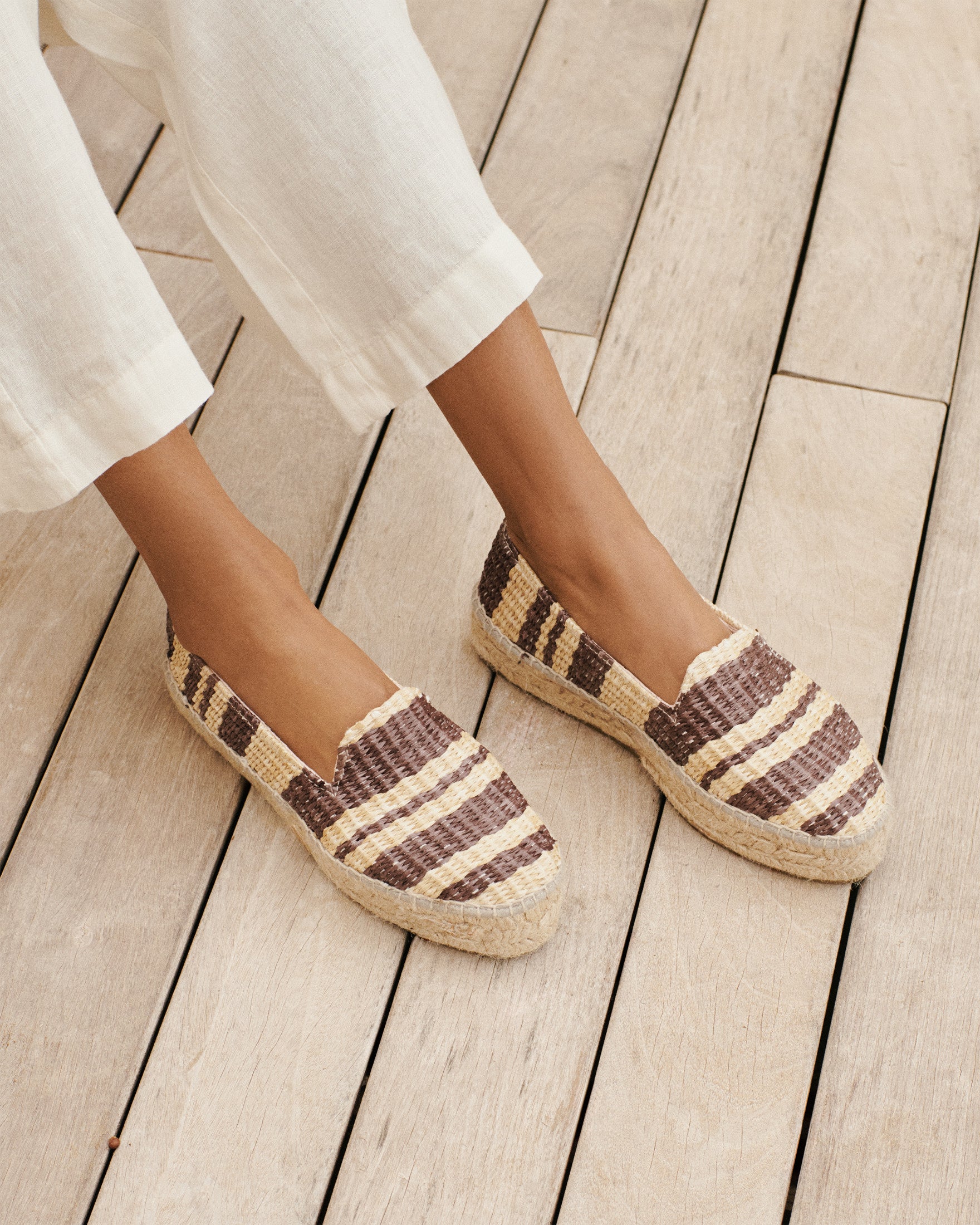 Manebí Raffia Stripes Double Sole Espadrilles - Cocoa \u0026 Natural