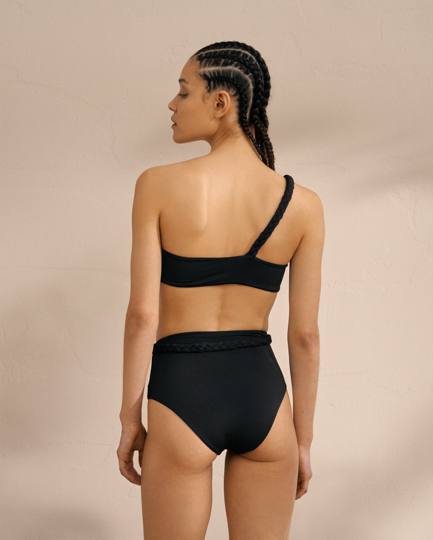 Braid One Shoulder Bikini - Black