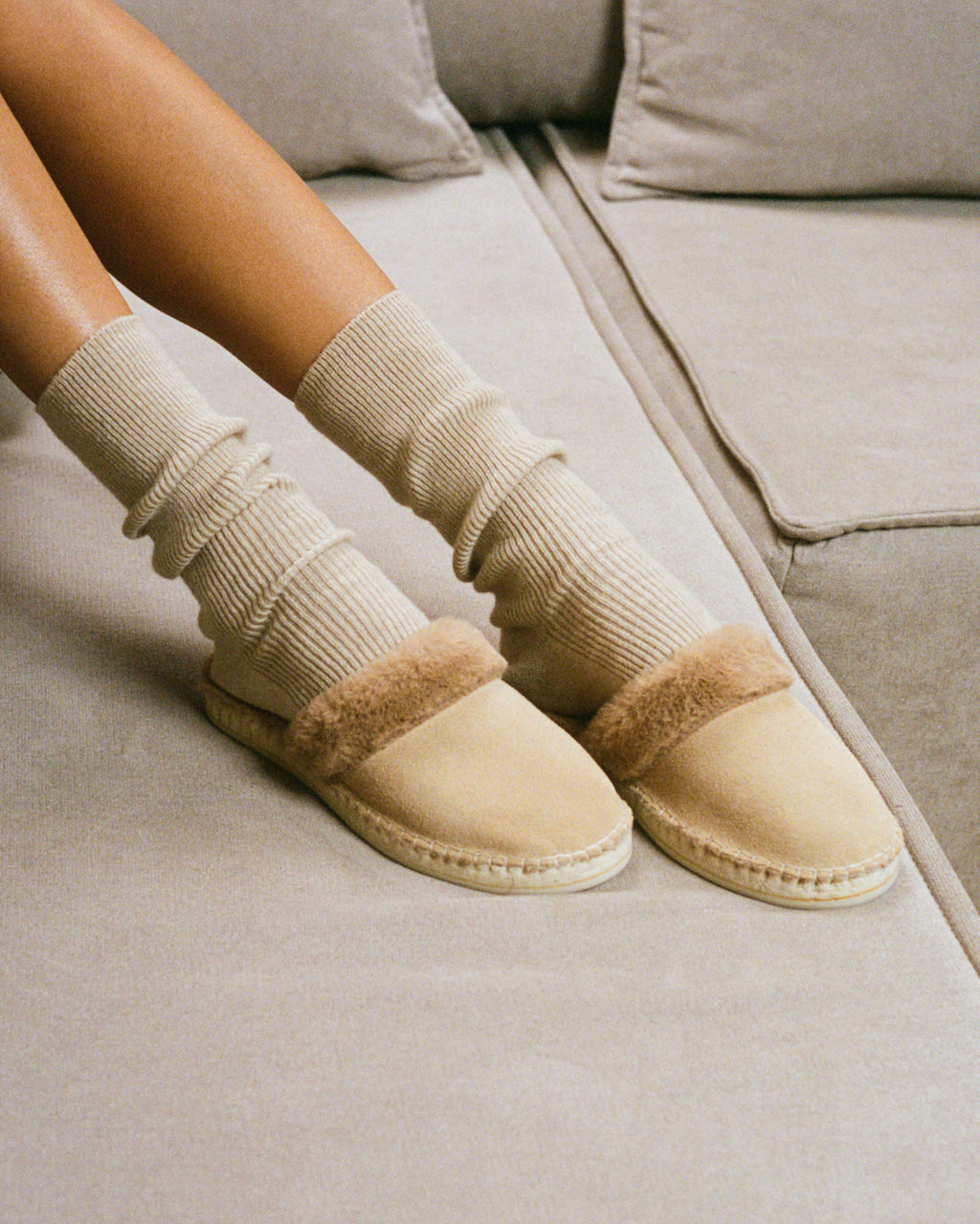Suede With Faux Fur Slippers With Fur - Cortina - Champagne Beige