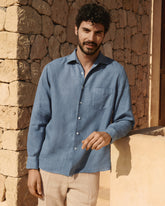 Washed Linen Panama Shirt - Embroidered Palm Navy Blue | 