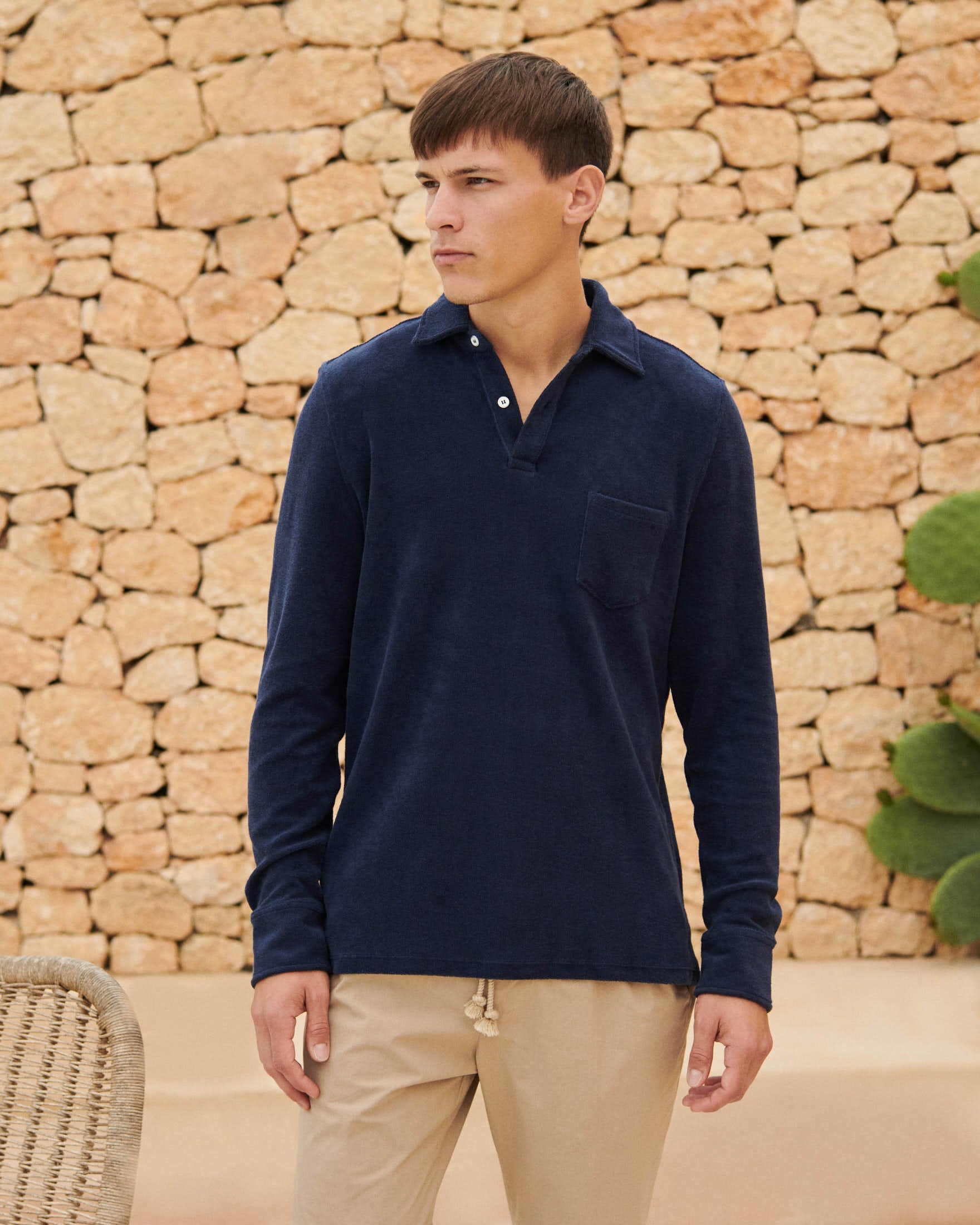 Organic Terry Cotton Antonello Polo Shirt - Long Sleeves - Navy