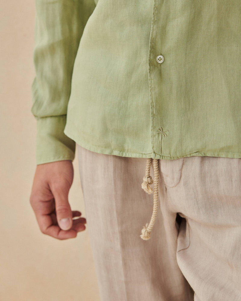 Linen Panama Shirt - Embroidered Palm - Sage