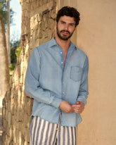 Linen Blend Chambray<br />Panama Shirt - Men’s Clothing | 