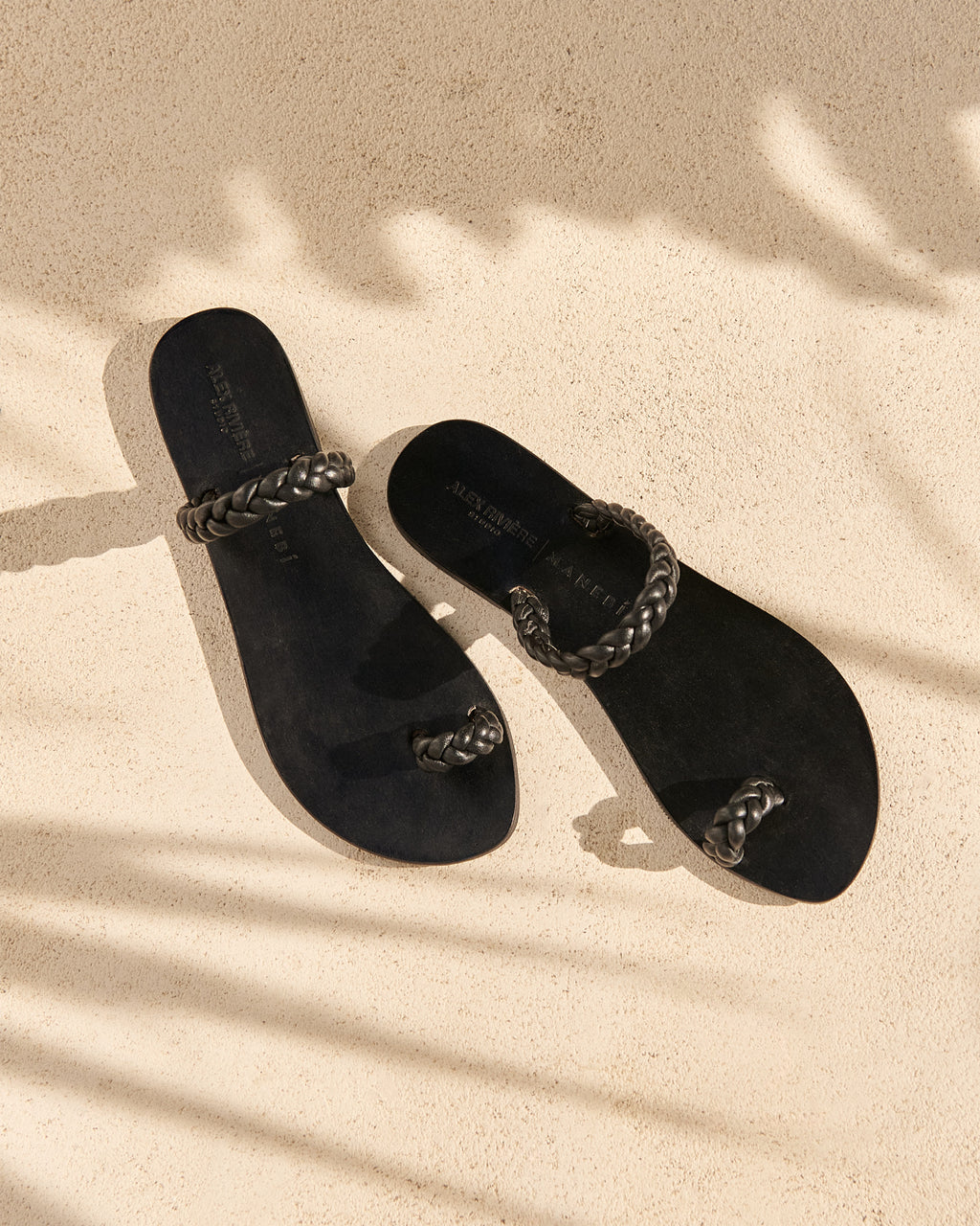 Olimpia Leather Sandals - Toe Ring Black Braids