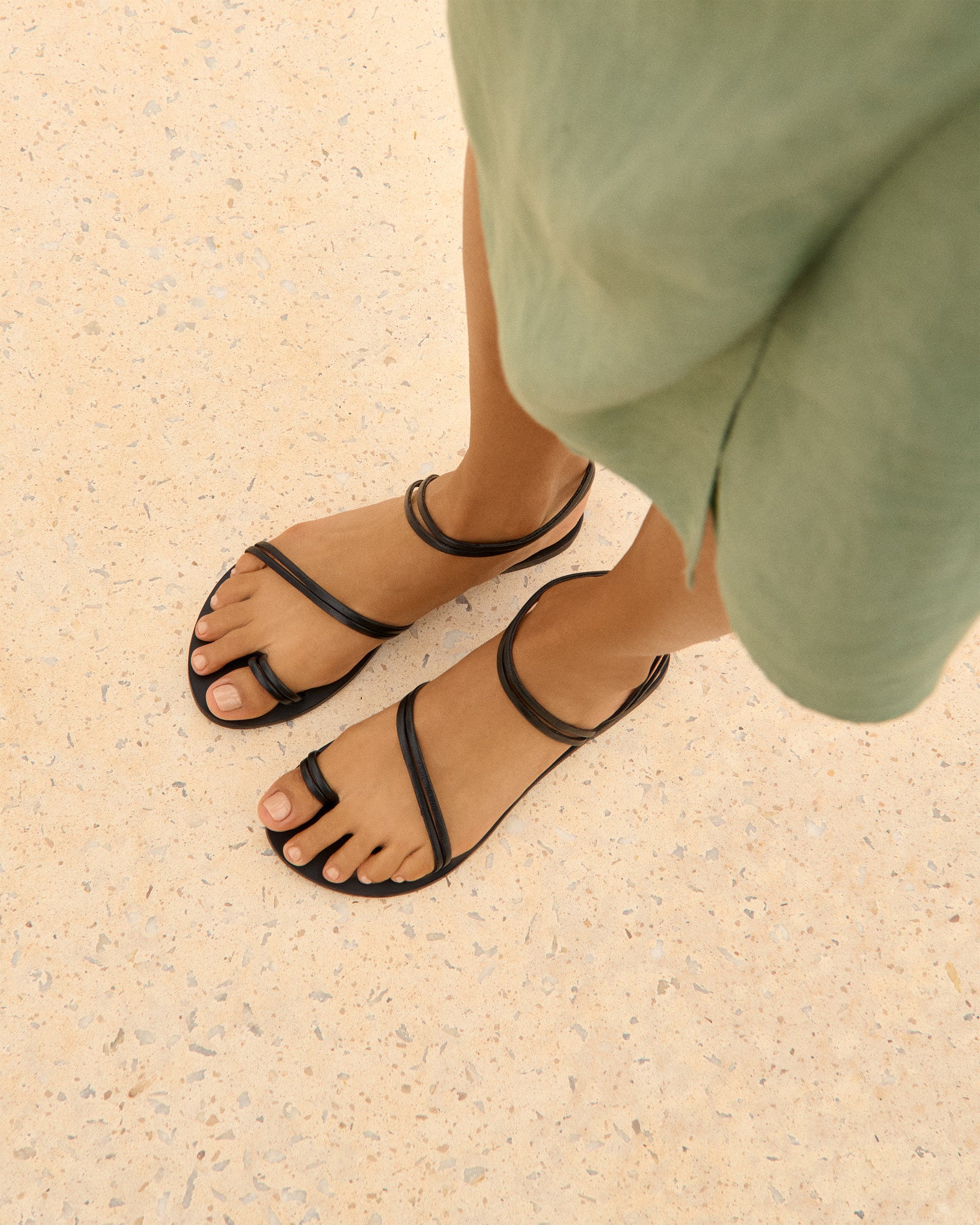 Francesca Leather Sandals - Toe Ring Black Stripes