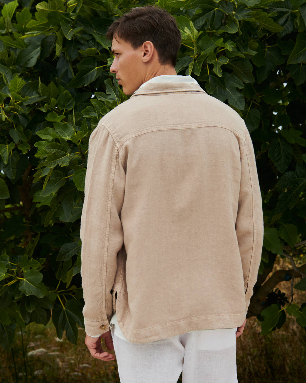 Linen Sahara Over Jacket - Embroidered Logo - Kaki Beige