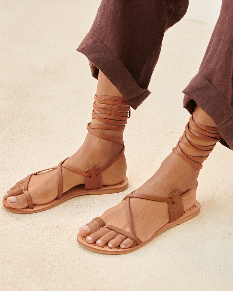 St. Tropez Leather Sandals - Tie-Up Tan
