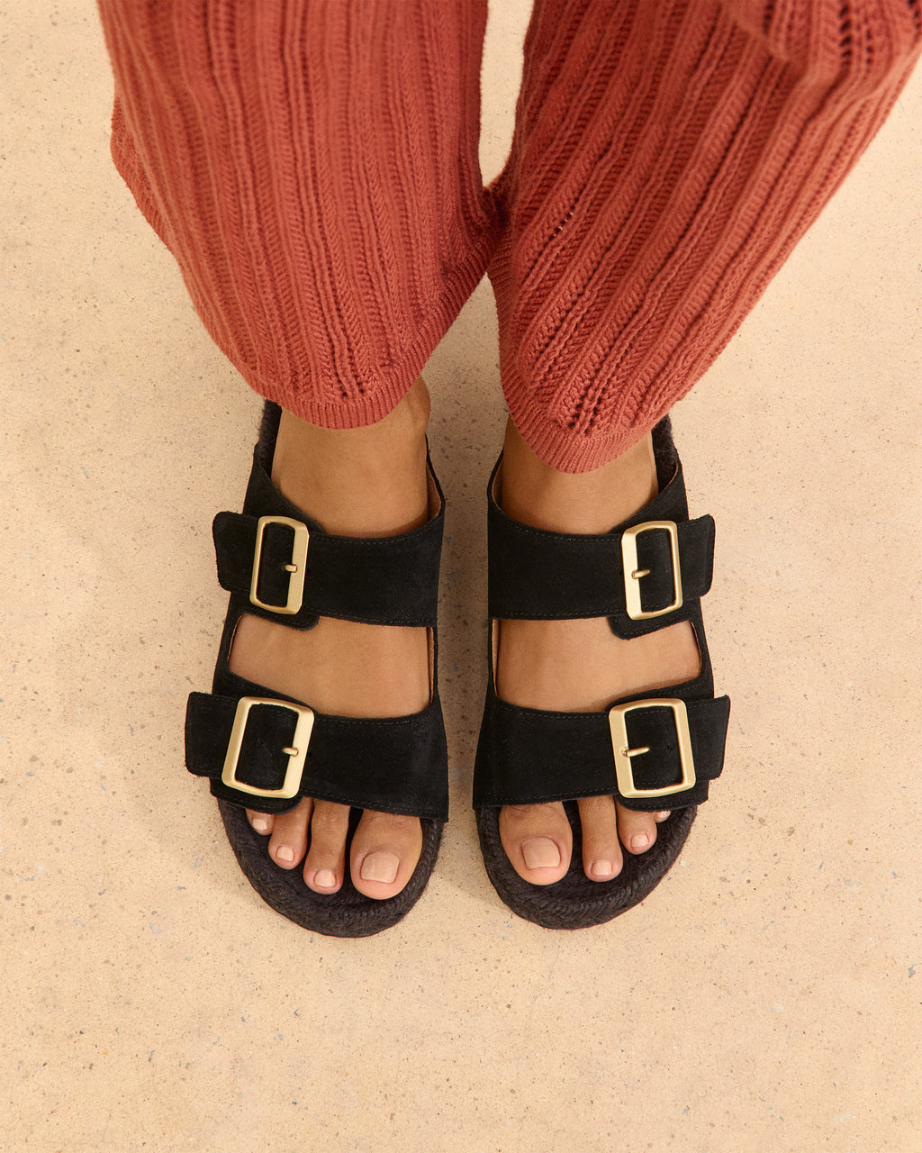 Suede Nordic Sandals - Satin Gold Buckles Black With Gold Buckles