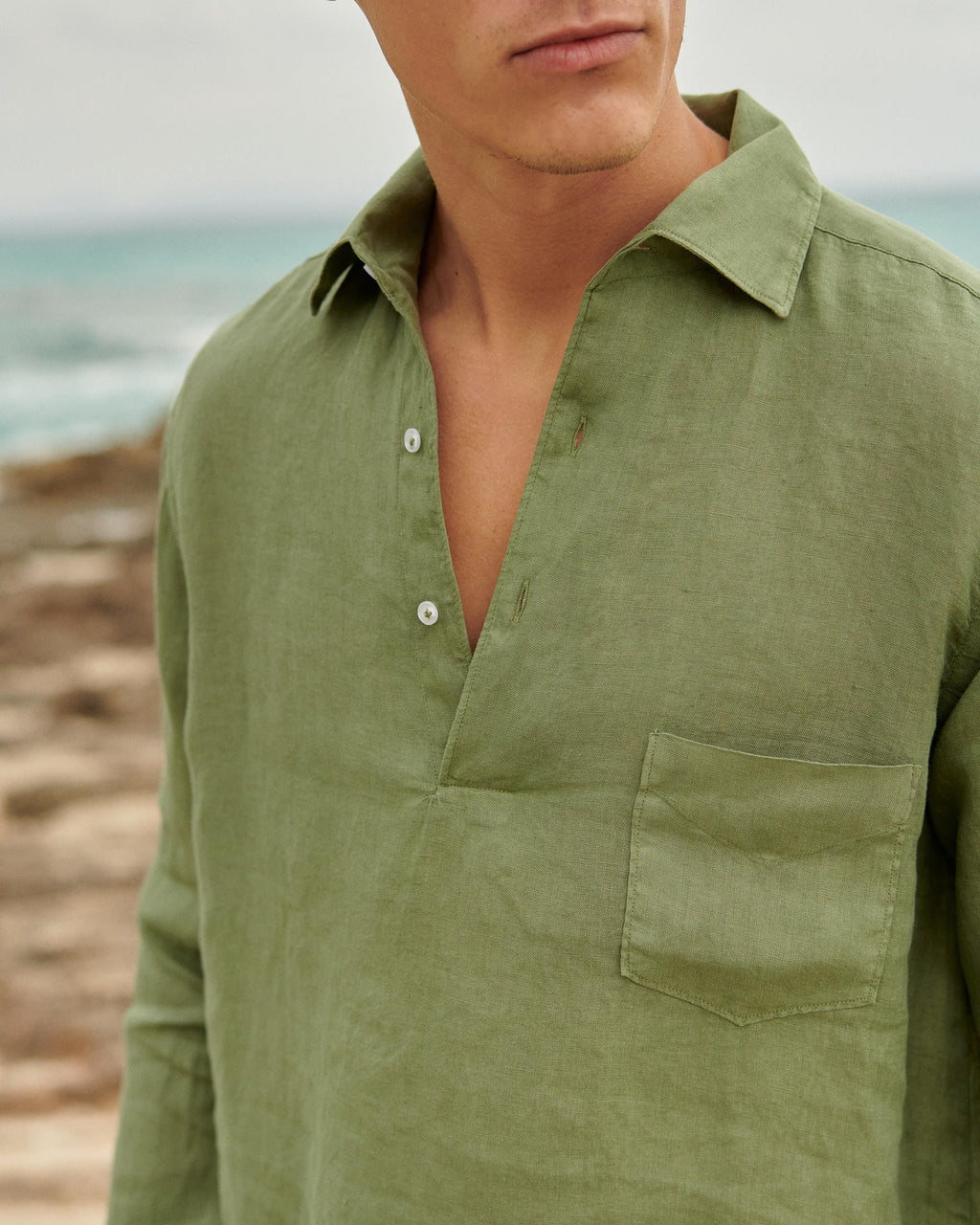 Nassau Polo Shirt - Washed Linen - Military Green