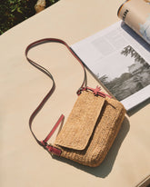Raffia Summer Night Bag Medium - Leather Handle & Palm Leather Tag Natural and Fuchsia | 