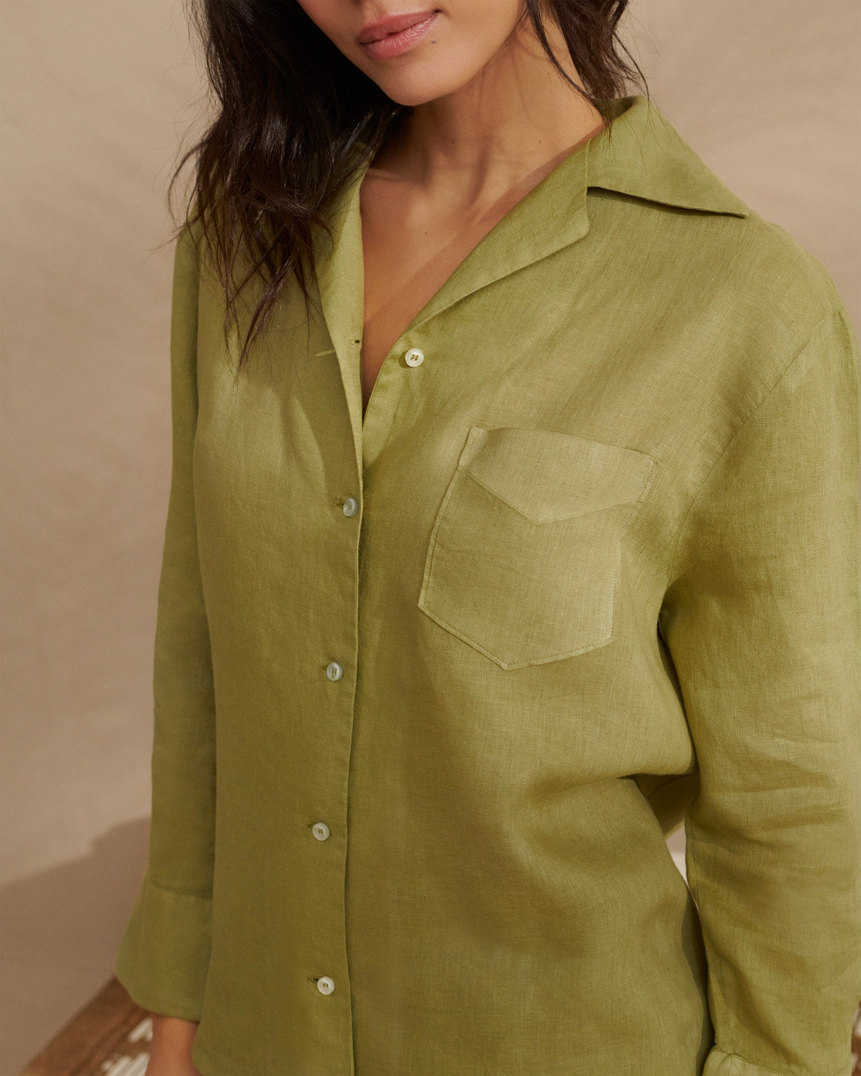 Washed Linen Natal Shirt - Single patch breast pocket - Kaki Green