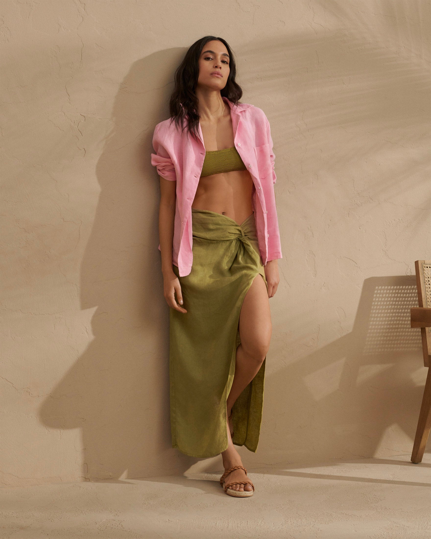 Linen Trancoso Skirt - With Lateral Slit Kaki Green