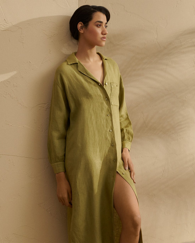 Linen Portofino Dress - Kaki Green
