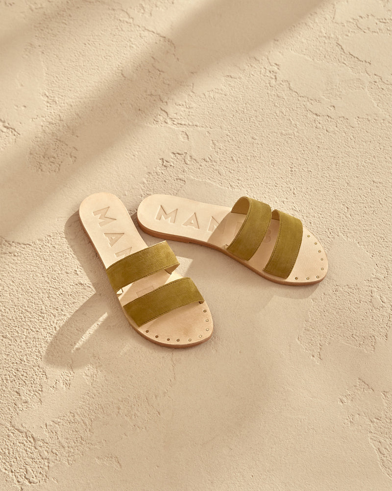 Suede Leather Sandals - Kaki Green Two Bands