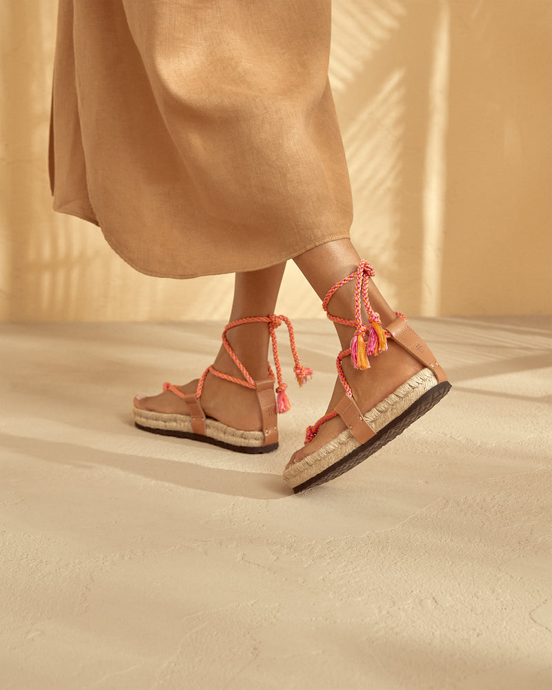 Tie-Up Ropes Jute Sandals - Pink Orange Braid