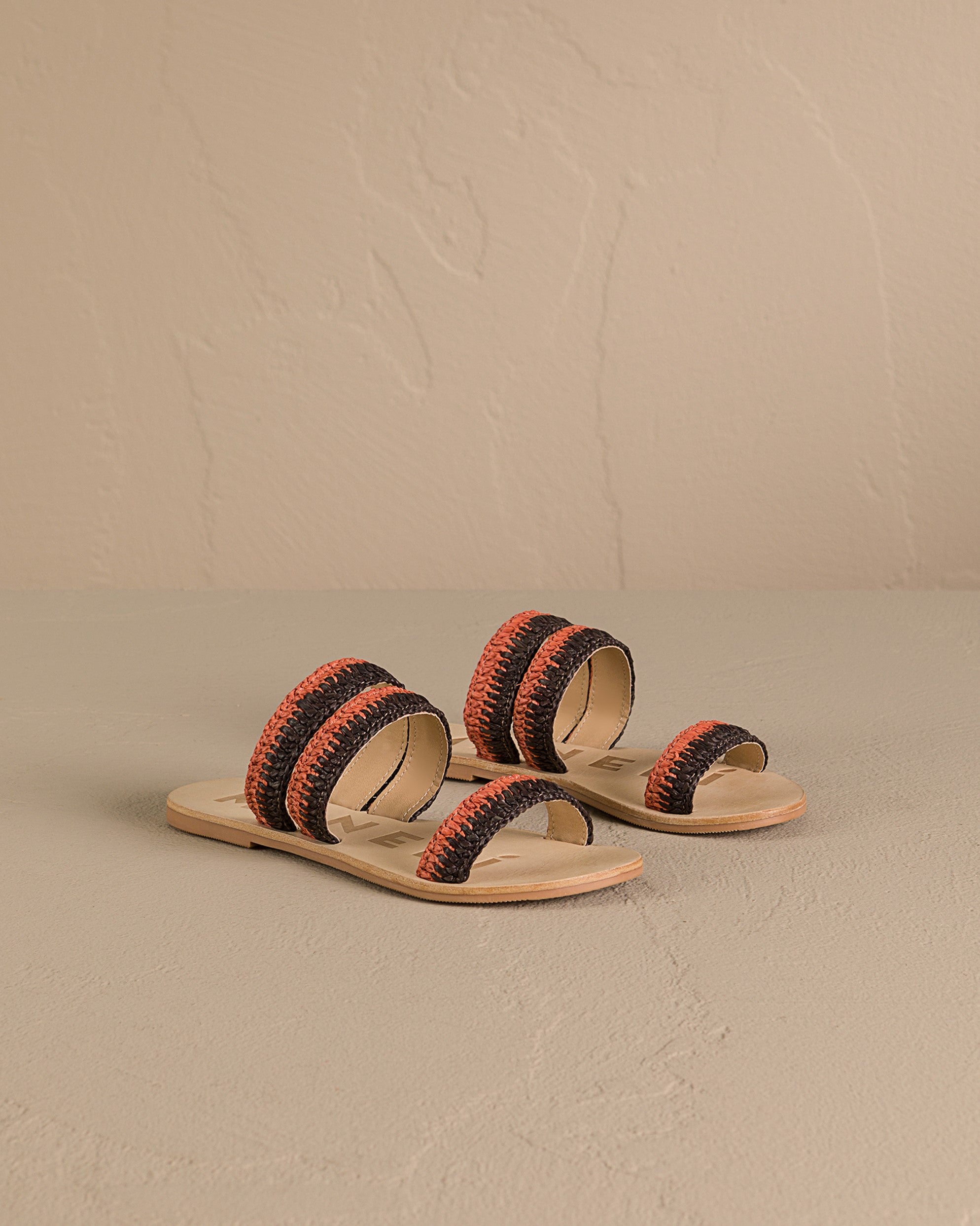 Raffia Stripes Leather|Three Bands Sandals - Orange Rust & Cocoa