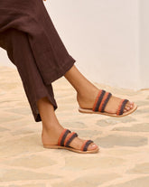 Raffia Stripes Leather<br />Three Bands Sandals - Women’s Shoes | 