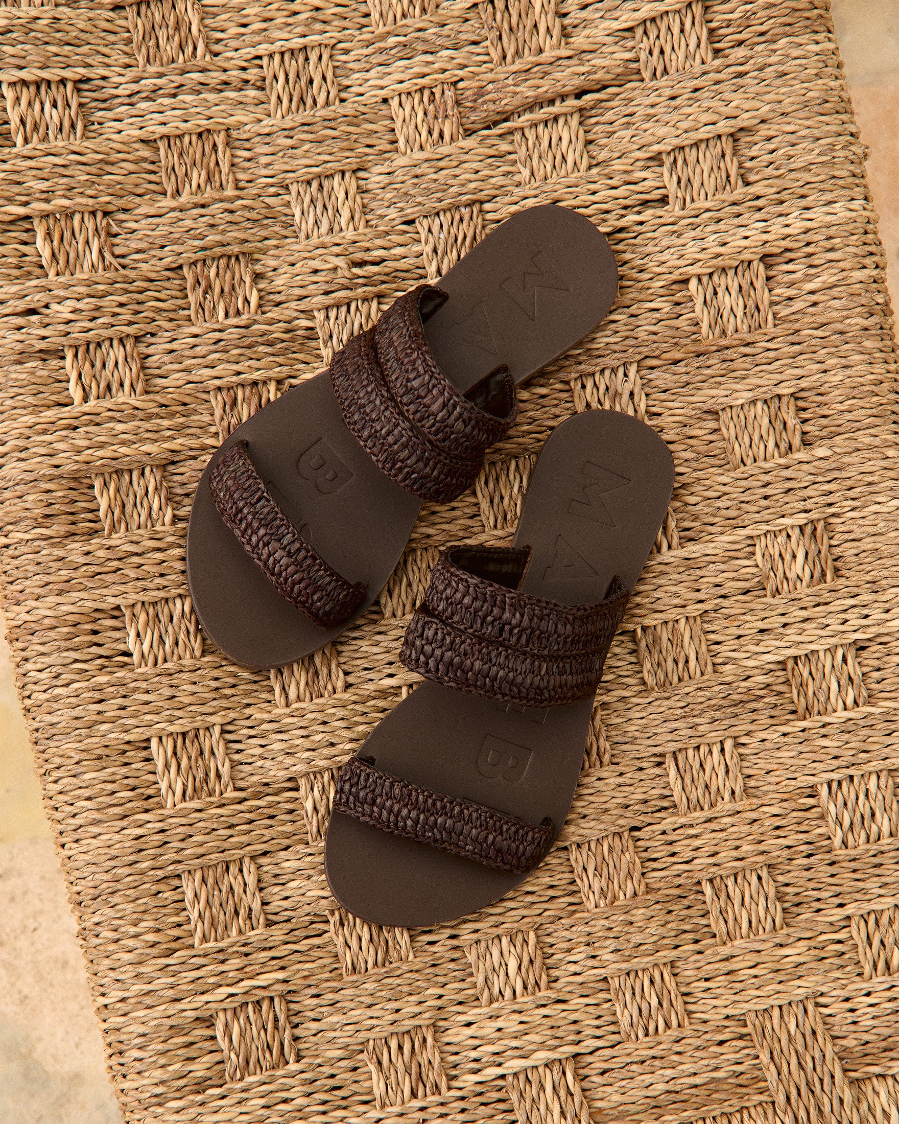 Raffia Stripes Leather|Three Bands Sandals - Cocoa