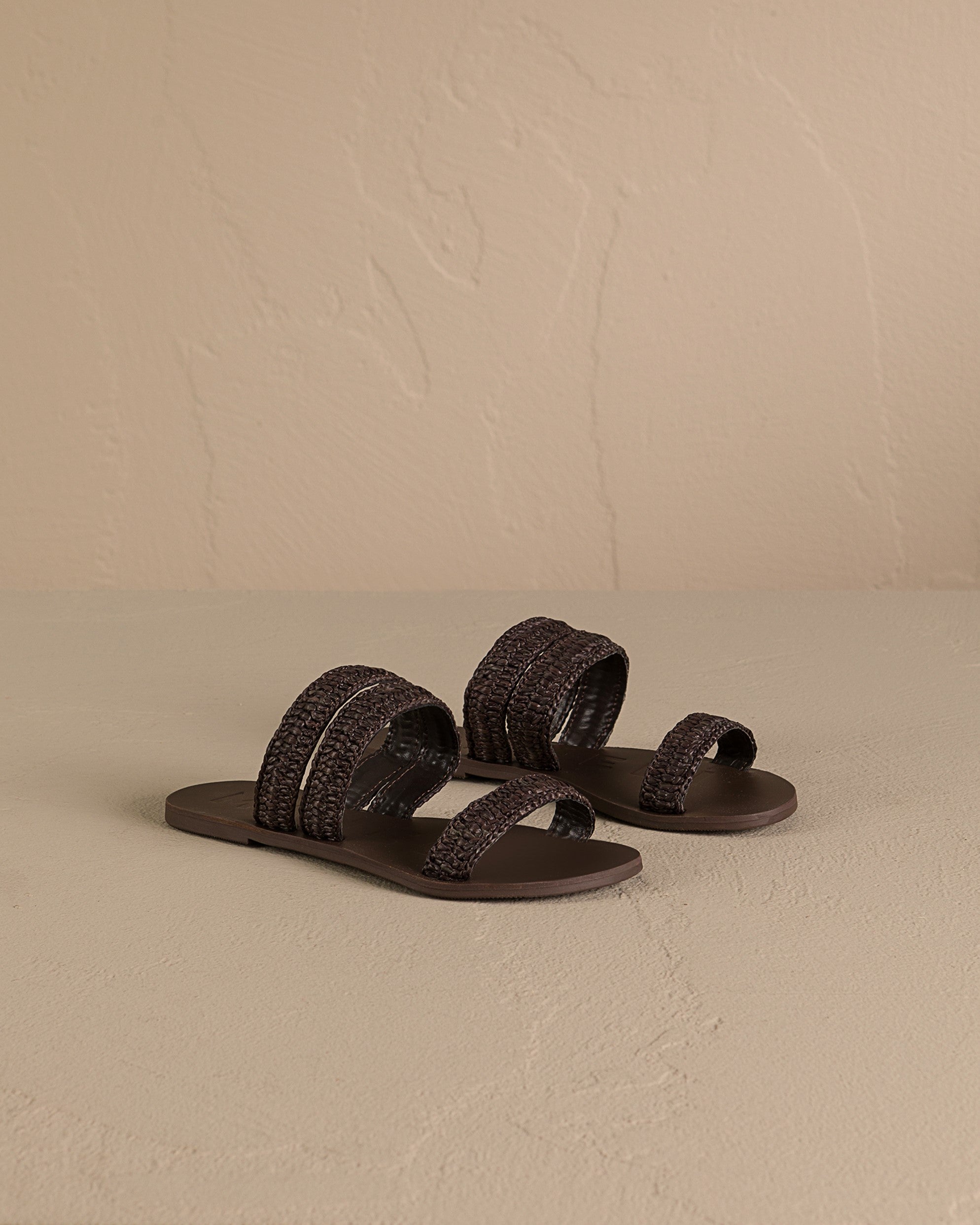 Raffia Stripes Leather|Three Bands Sandals - Cocoa