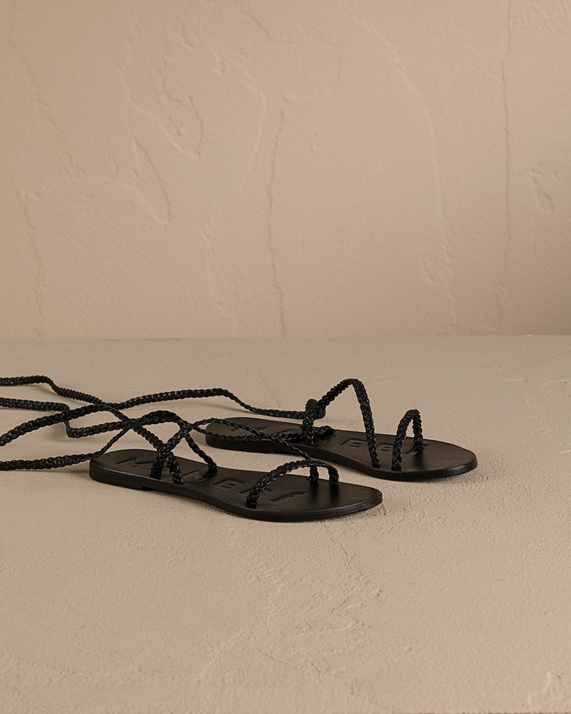 Leather Sandals - Canyon Black Tie-Up Multi Braid Bands