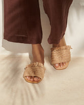 Fringed Knots Raffia<br />and Leather Sandals - Women’s Sandals | 