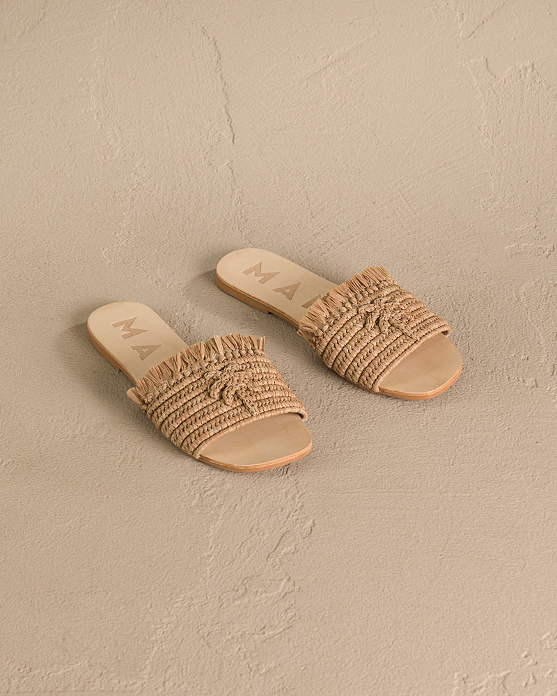 Fringed Knots Raffia|and Leather Sandals - Yucatán Tan With Palm
