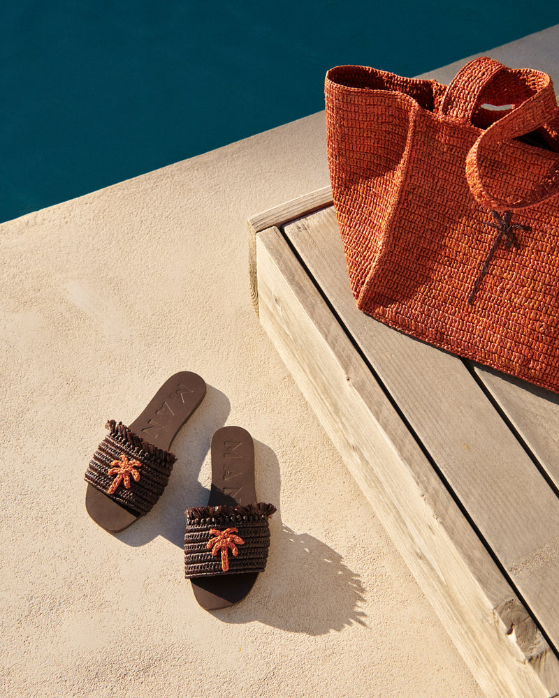 Fringed Knots Raffia|and Leather Sandals - Yucatán Cocoa With Orange Dust Palm