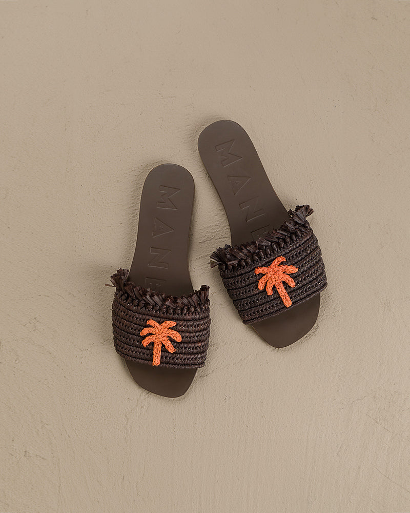 Fringed Knots Raffia|and Leather Sandals - Yucatán Cocoa With Orange Dust Palm