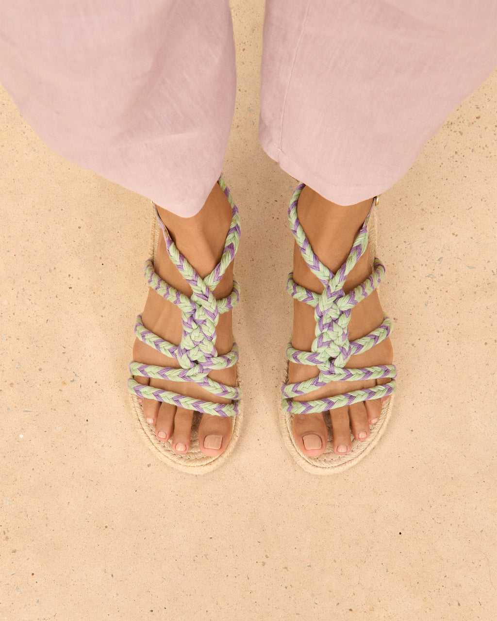 Jute Tie-Up Rope Sandals - Sage And Wisteria Lilac