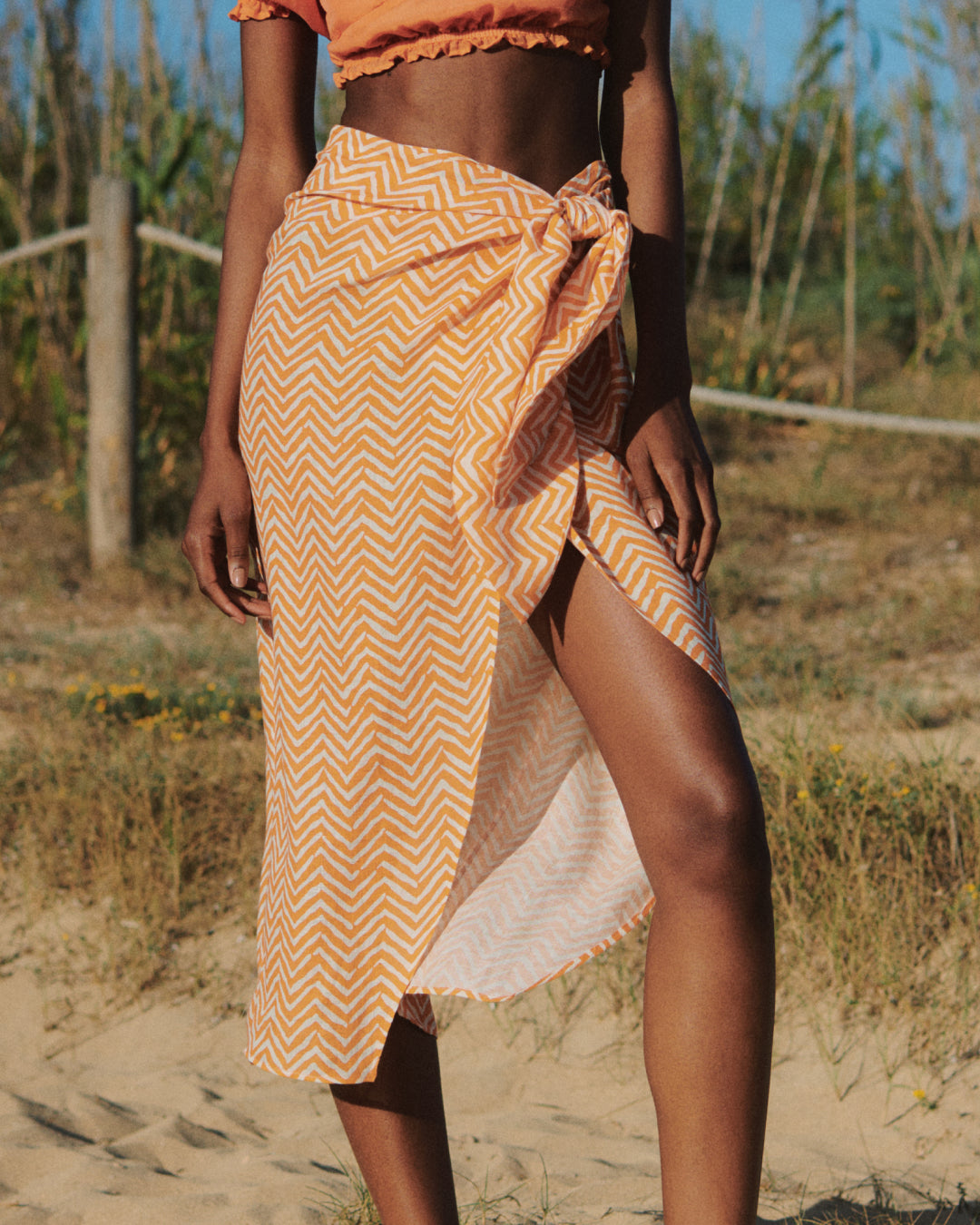 Printed Linen Lencois Skirt - Orange White Chevron