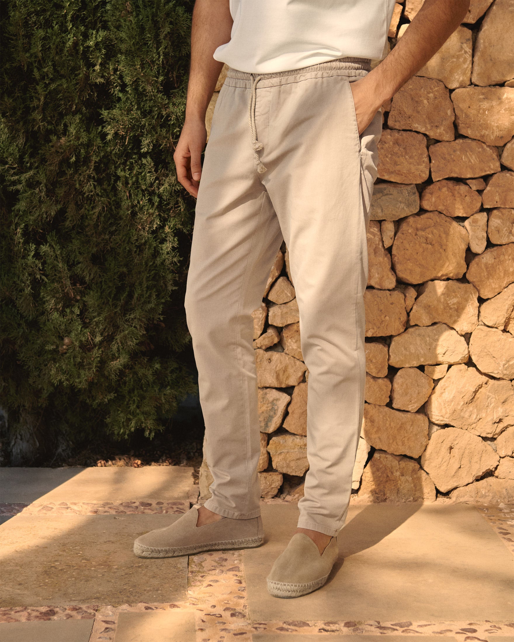 Manebí Stonewashed Cotton Venice Trousers - Embroidered Logo Kaki Beige