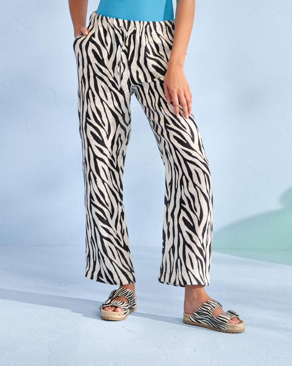 Washed Linen Belem Trousers - Elasticated Waistband - Mini Ivory Zebra