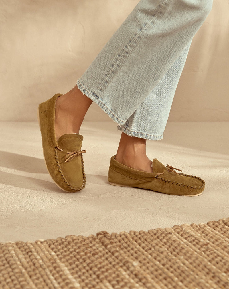 Suede And Wool Moccasins - Kaki Green