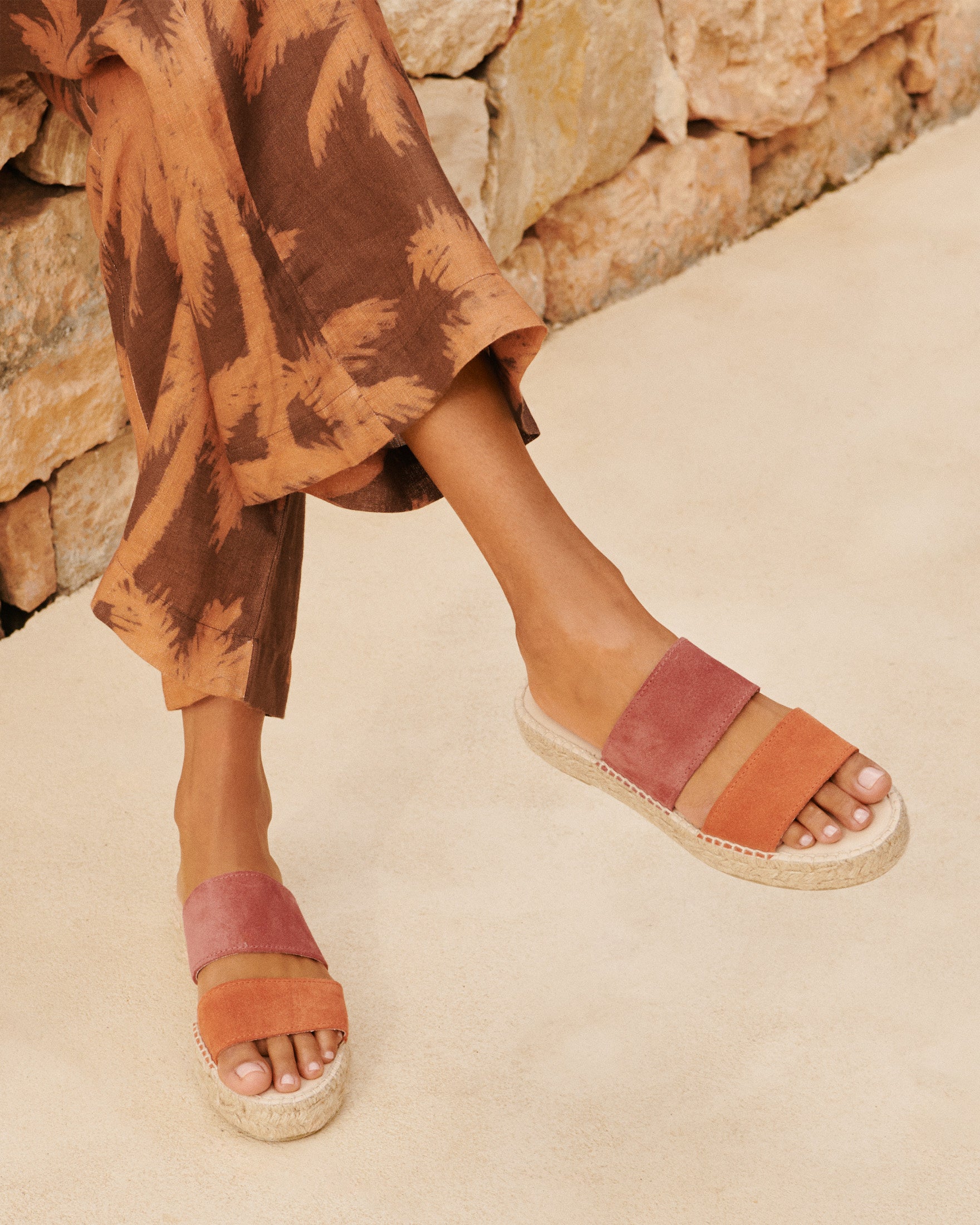 Suede Two Bands|Double Sole Sandals - Terracotta And Orange Rust