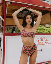 Printed Tie-Up One-Shoulder Bikini - Soft Touch Cocoa & Orange Rust Maxi Ikat Palm | 